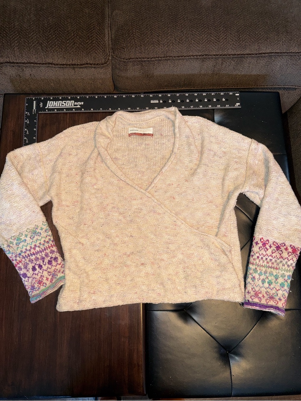 Anthropologie Cream Wrap V-Neck Sweater with Purple & Teal Fair Isle Cuffs